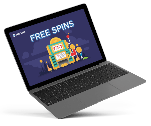 Mockup MacBook showcasing an eye-catching infographic on FREE SPINS brought to you by Betsquare.