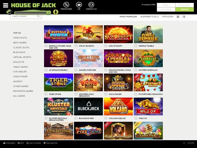 House of Jack Casino Interface