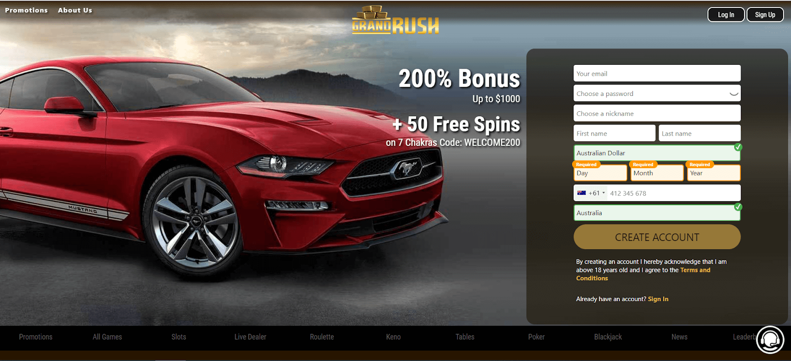 Grand Rush Casino Interface
