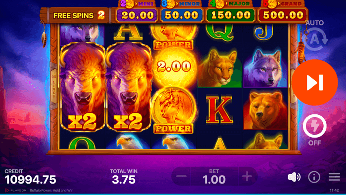 Both base and bonus games in Buffalo Power delight with stacked Wilds, a symbol that stands in for all pay symbols and offers up to 12.5x. With free spins, the Wilds can wield a 2x multiplier.