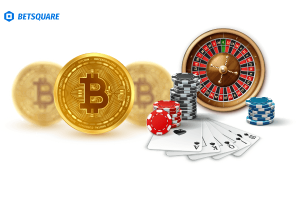 Imagery featuring Bitcoin chips and cards ideal for an online bitcoin casino setting.