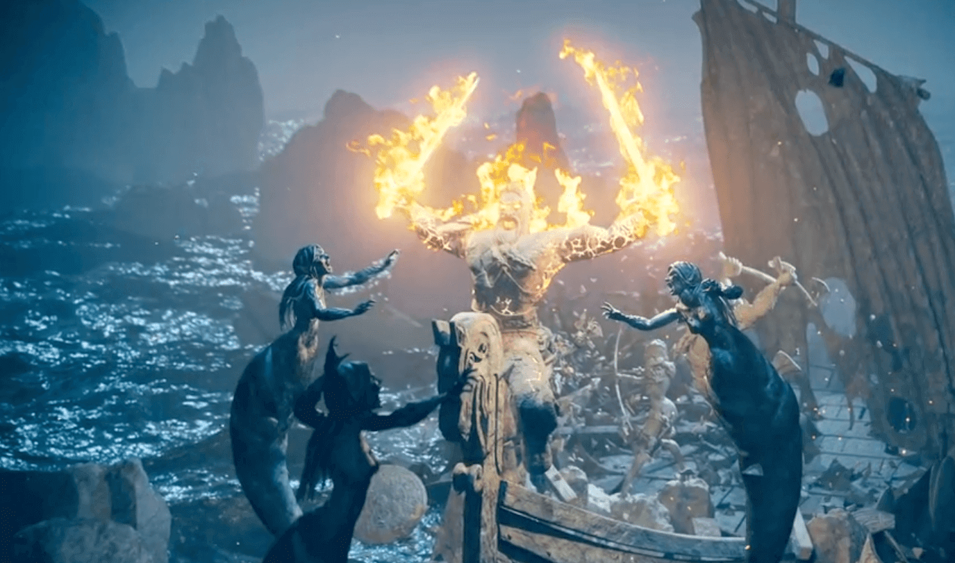 A ferocious Viking warrior in fiery frenzy surrounded by enchanting mermaids