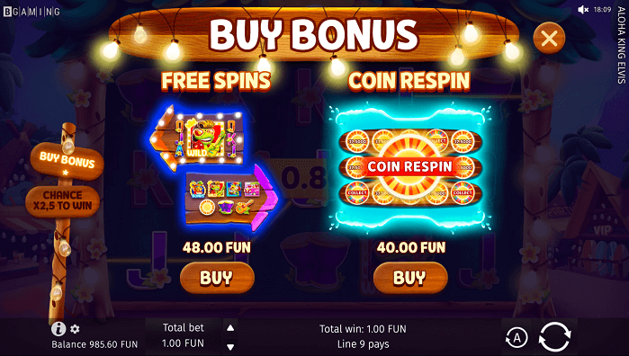 Purchase bonuses on the Aloha King Elvis online casino slot