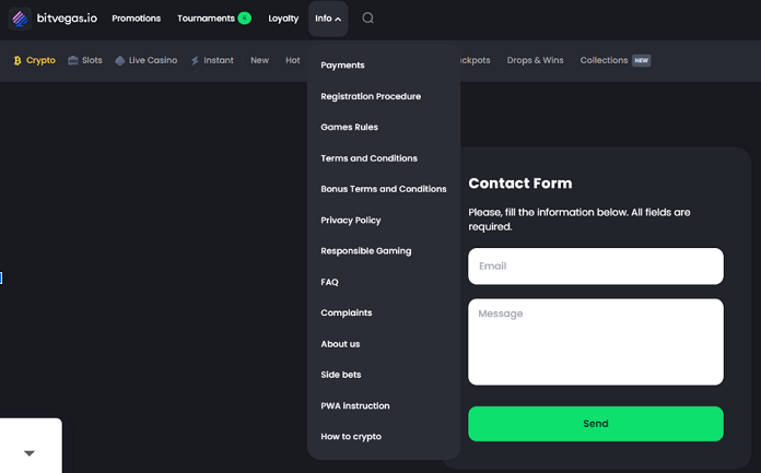 Contact options for BitVegas online casinos