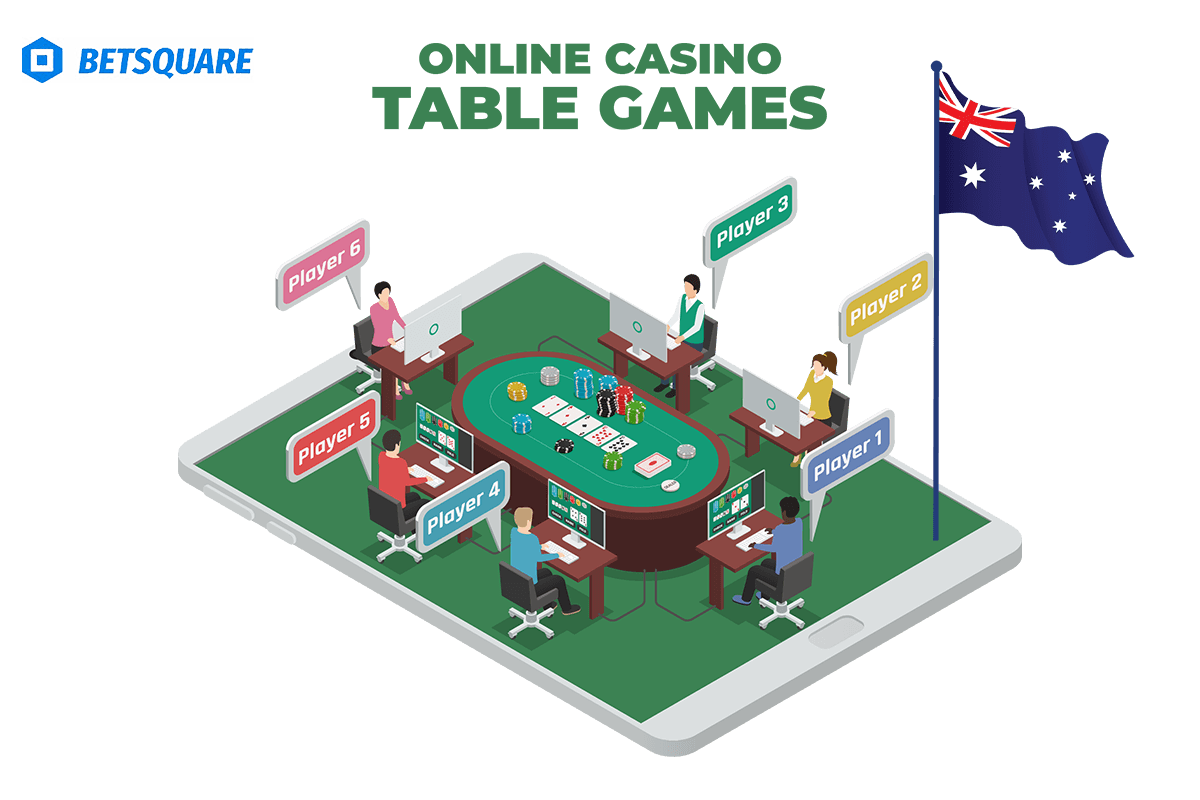 A poker table surrounded by six players, each engrossed in their online game.