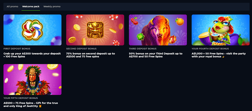 New players have a feast of bonuses available right from the start. The headline offer is a hefty bundle of AU$3,000 + 350 spins over the first five deposits: