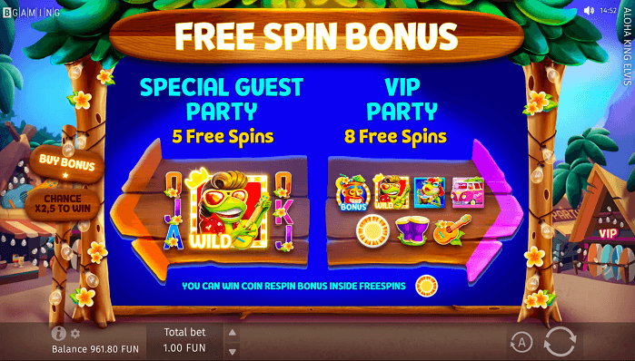 Aloha King Elvis free spin bonus rounds for the online slot