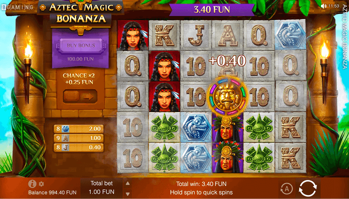 Score wins of 0.50 and 0.75 on Aztec Magic Bonanza's online reels.