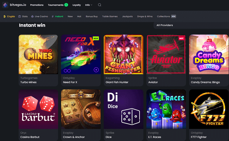 Instant win options at BitVegas online casino