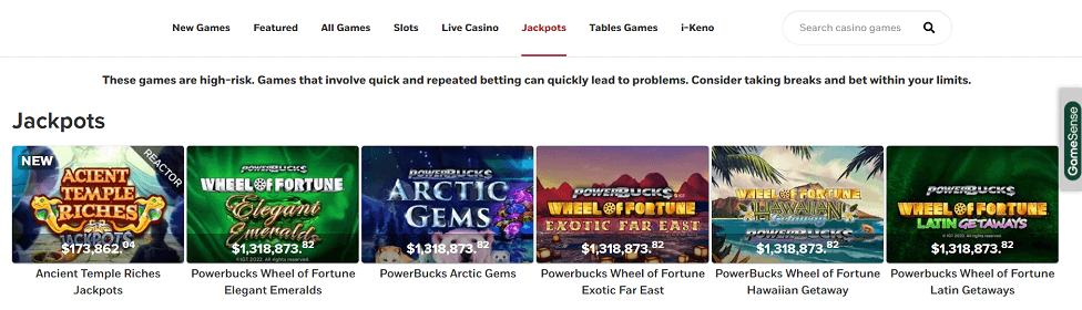 Jackpot games on Playnow Casino CA