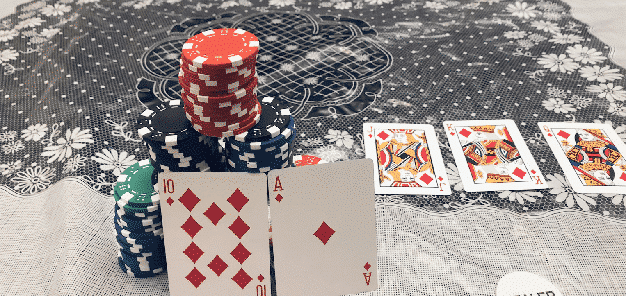 Classic royal flush in its quintessential form with poker chips and cards featuring iconic fruit motifs