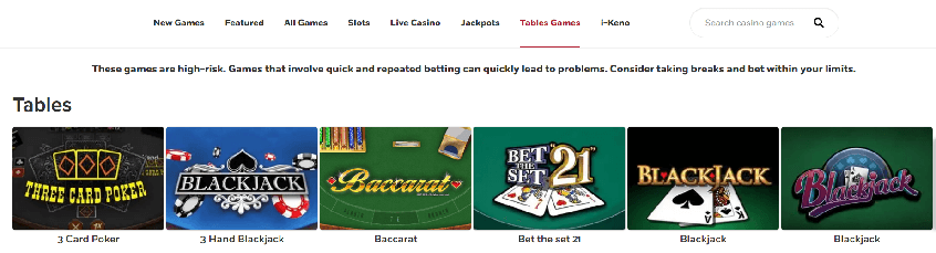 Tables on Playnow Casino