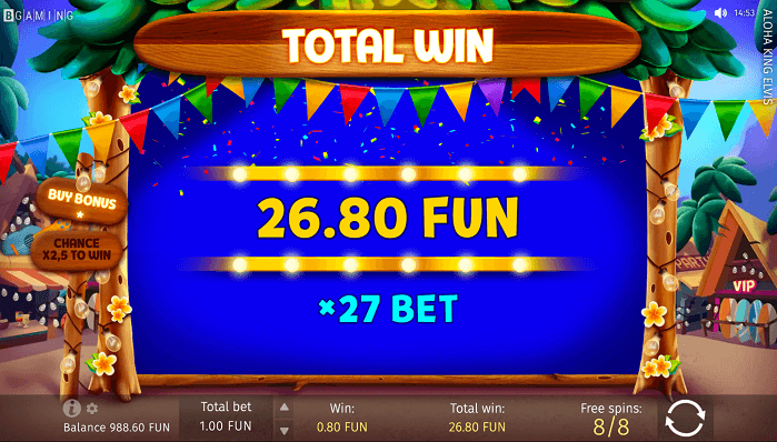 A rewarding 26.80 overall win on Aloha King Elvis Online Casino Slot