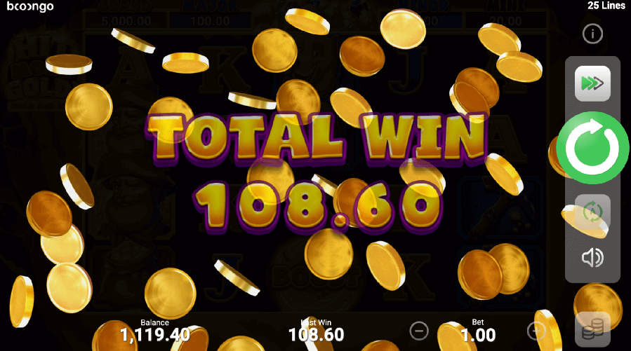 Spot the screen adorned with glittering gold coins, showcasing a total win of 108.60 in Booongo's innovative Hit More Gold.