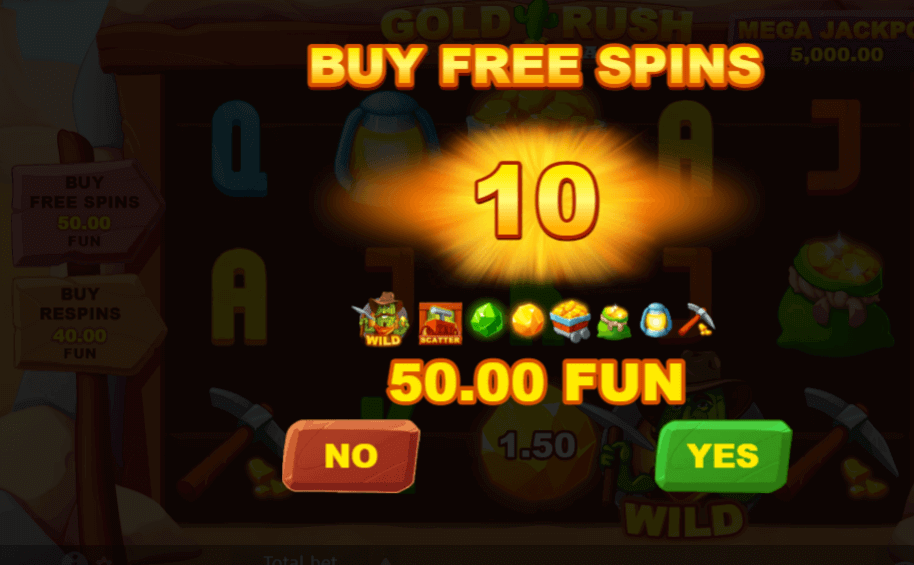 A screen prompts whether to buy free spins with a simple yes or no choice.