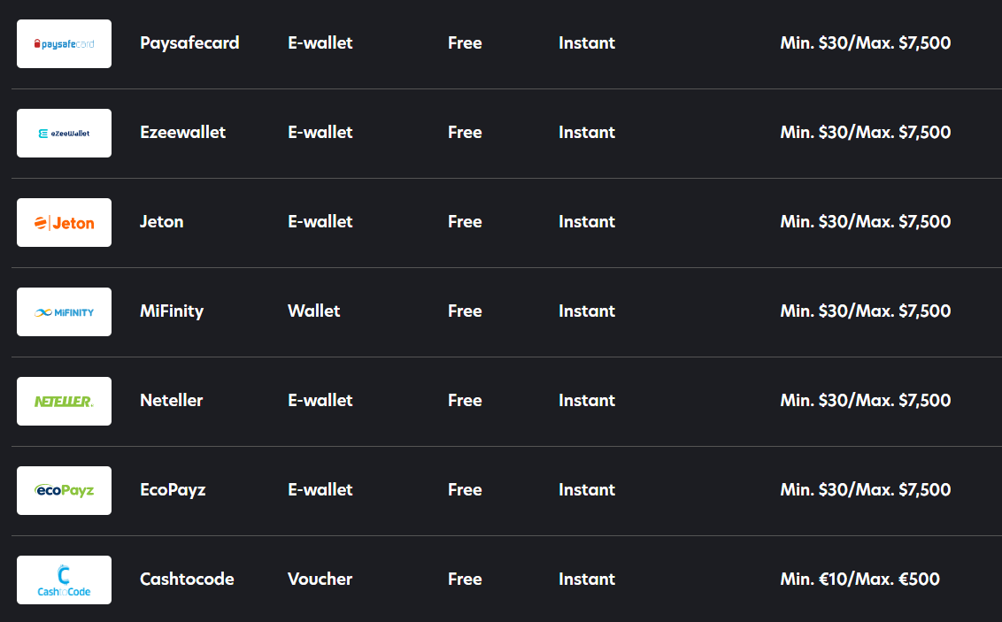 more payment methods online casino