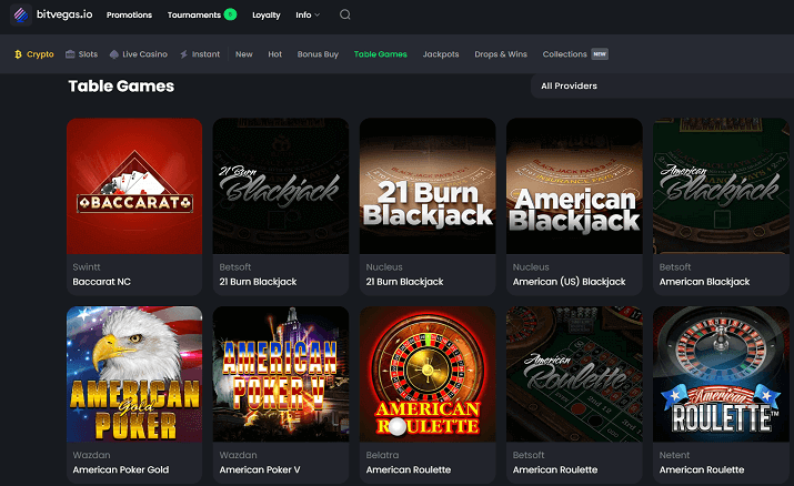table games at the online BitVegas Casino