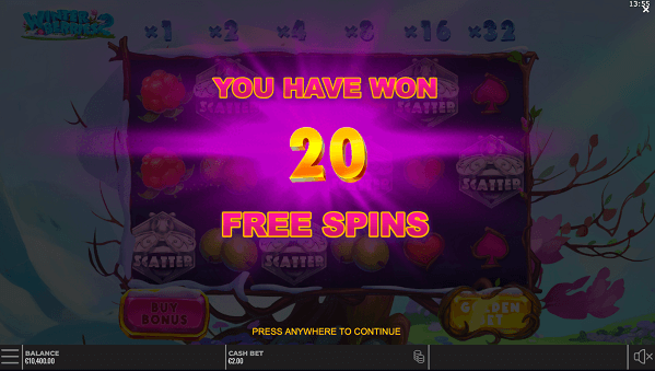you won 20 free spins in Winterberries 2 online casino game