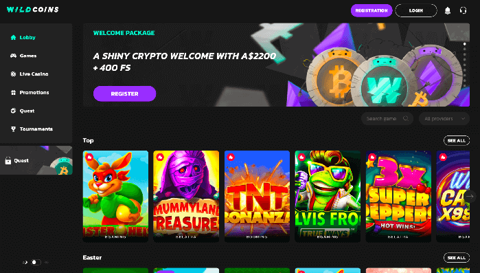 Explore the bustling lobby of Australia's online Wild Coins Casino.