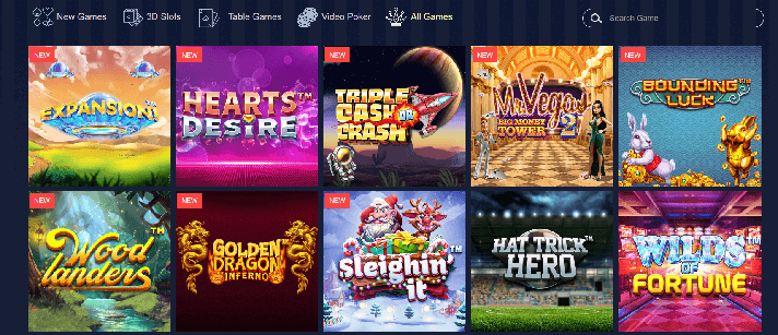 The new games section highlights the latest arrivals or recently added titles, including popular hits such as Hearts Desire and Bounding Luck.
