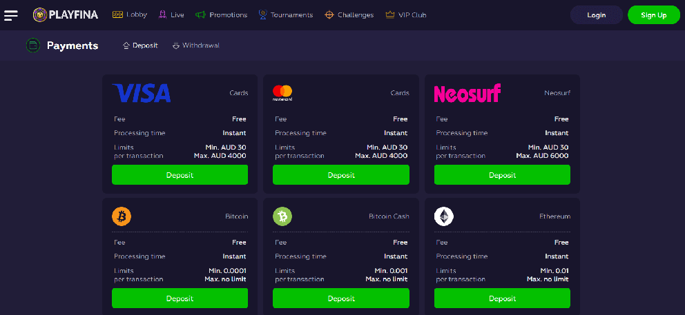 Players wishing to deposit or withdraw AUD can use all major payment methods within Australia, including: