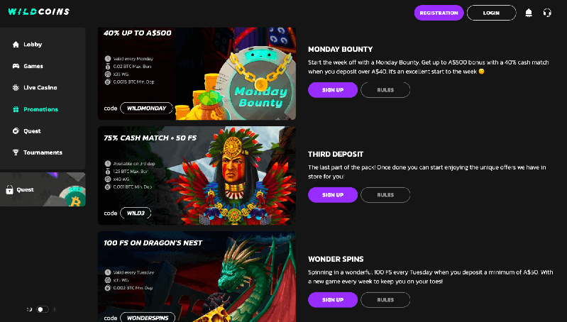 Discover Wildcoins Casino Australia's Promotions section.