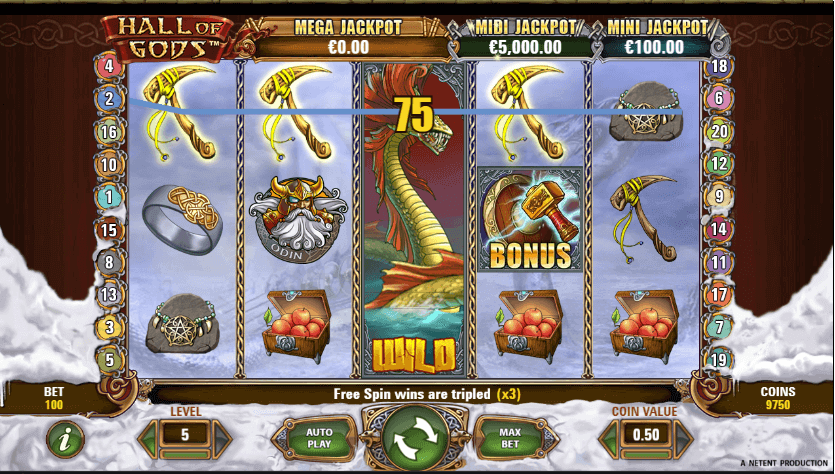 Meerdere winnende lijnen in het online spel Hall of Gods