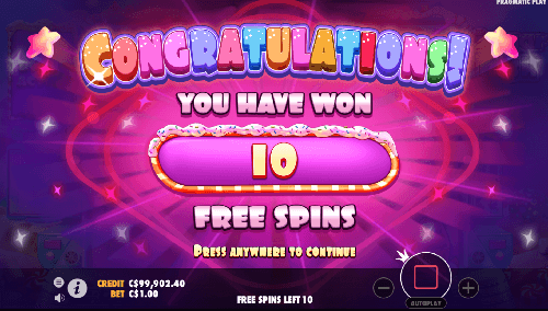 Ten free spins victory achieved on Sugar Rush by Pragmatic Play!