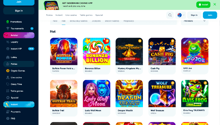 Goodman Casino's expansive library boasts over 5,000 games from top-tier providers, all of which can be accessed via PC or mobile. Encompassing pokies, crazy time, and much more, there's always something to captivate every player's interest in their lobby.