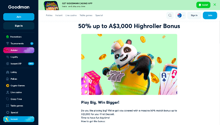 Highroller Special Offer at Goodman Casino for Australia