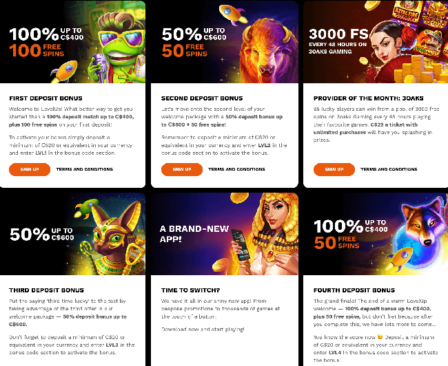 For Canadian players, LevelUp casino lays out a red carpet with its bonus scheme, peppering the gaming experience with rewards for newcomers and loyalists through welcome bonuses and elite VIP tiers, plus lotteries and more.