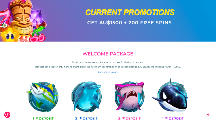 Newbies at Surf Casino, upon depositing over 30 AUD, can unlock a grand bonus of up to 1,500 AUD + 200 spins. This bonanza stretches across four package rewards: