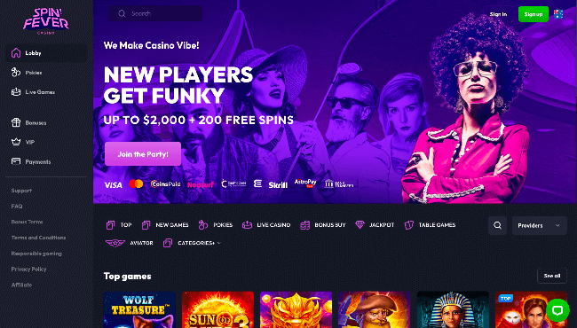 Homepage for SpinFever Casino Serving Australian Players
