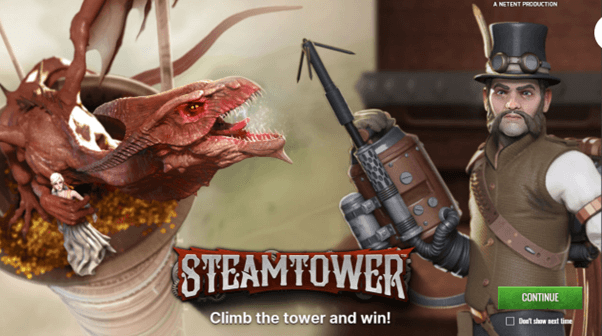 Introductiescherm van de online slot SteamTower