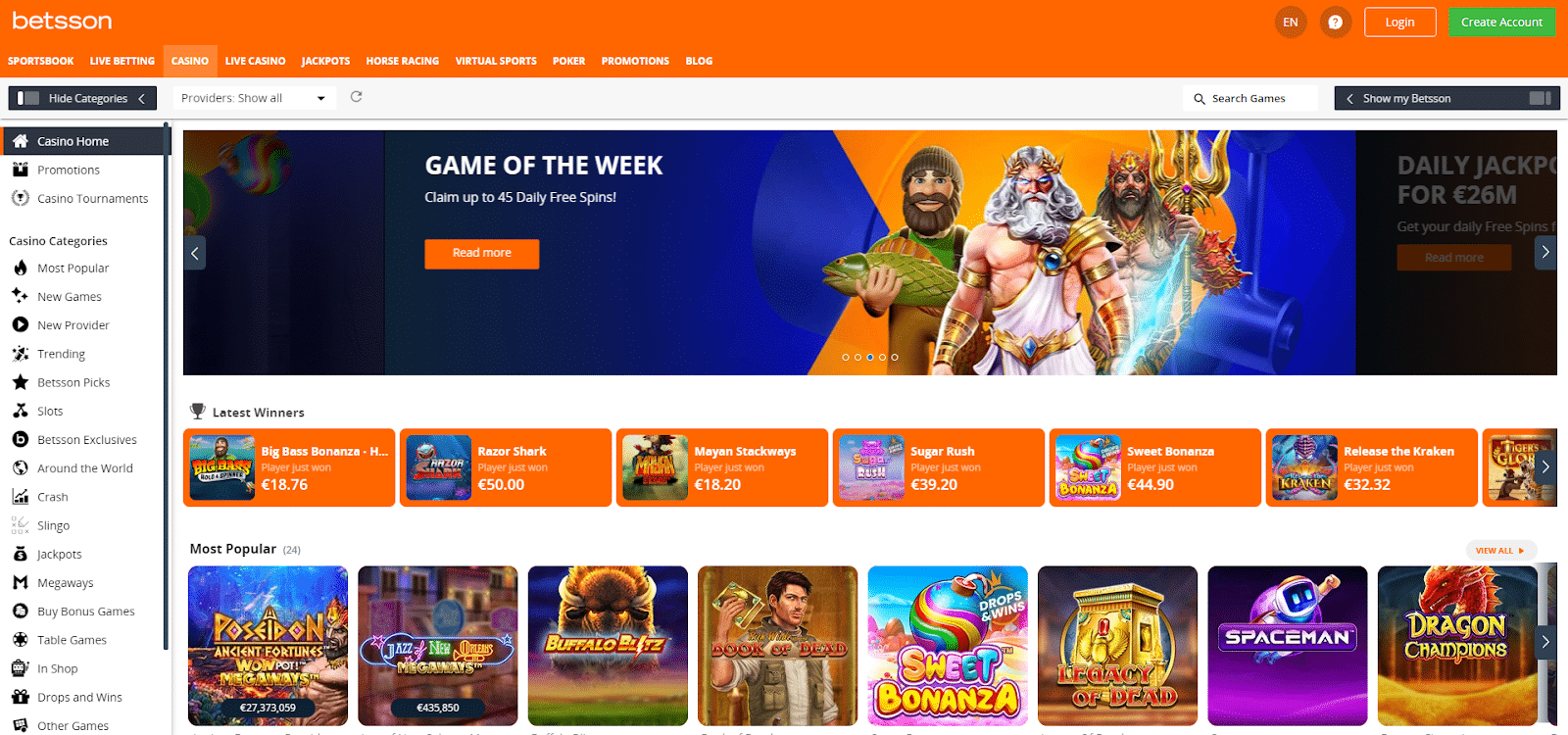 Betsson Casino Interface