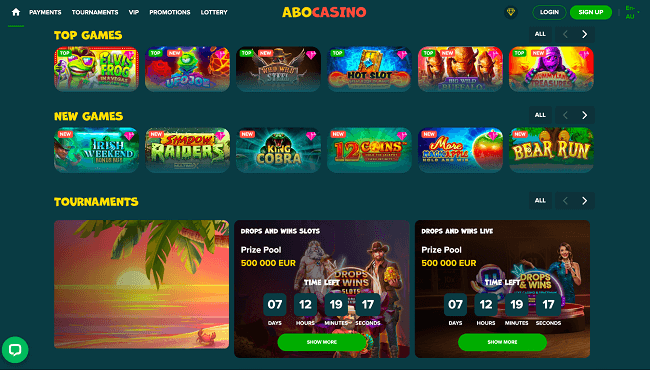Abo Casino ensures Aussie players access trusted payment options: Visa, and Crypto services. Instant deposits and withdrawals are guaranteed with minimums set at A$30 and maximums at A$6,000/0.6 BTC per transaction.