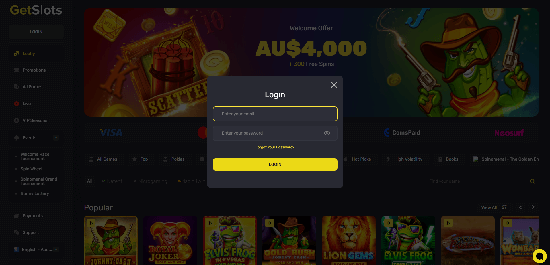 GetSlot AU's online casino login page.