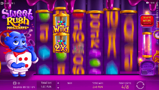 witnesses the rotation of reels in the Sweet Rush Megaways online slot.