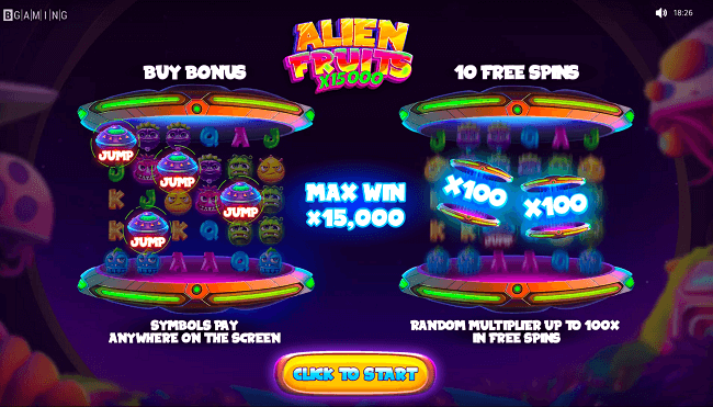 A highlight of Alien Fruits by BGaming is its cascading Refilling reels, enabling bountiful wins. The game boasts a bonus round with free spins, with potential winnings reaching an impressive 15,000x. We'll outline all the bonus options available shortly.