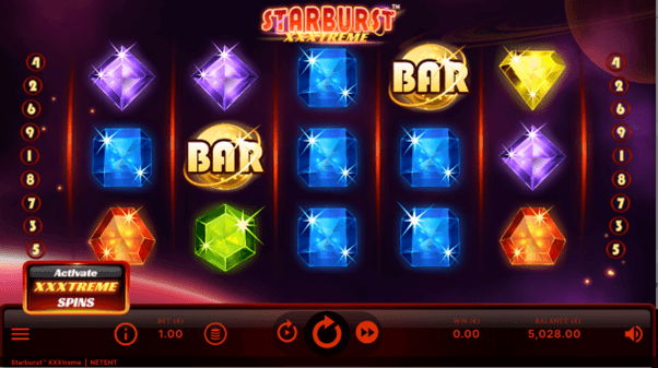 Een blik op het speelveld van de online slotmachine voor Nederlandse spelers, Starburst XXXtreme