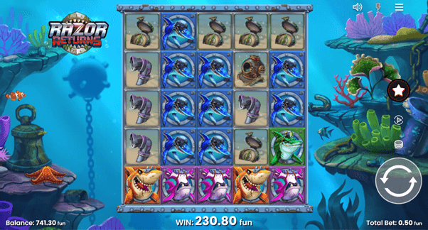 Het speelveld van Razor Returns in het online casino toont de unieke graphics van de slot.