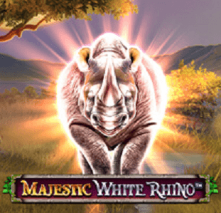 Een blik op het logo voor de online slot review van Majestic White Rhino.