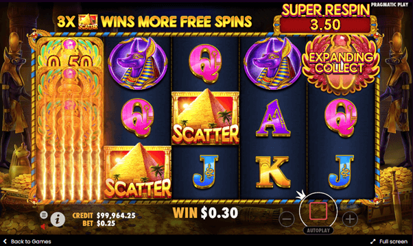 Wanneer je 3 scatter-symbolen draait, begin je met de gratis spins bonus and krijg je 8 gratis spins. Tijdens deze spins is een uitgebreide versie van de money collect feature actief, waarbij elke gedraaide geldsymbolen in een pot worden gestopt. Na afloop van alle gratis spins, wordt de inhoud van de pot in het speelveld gezet en volg er nog een aanvullende draai