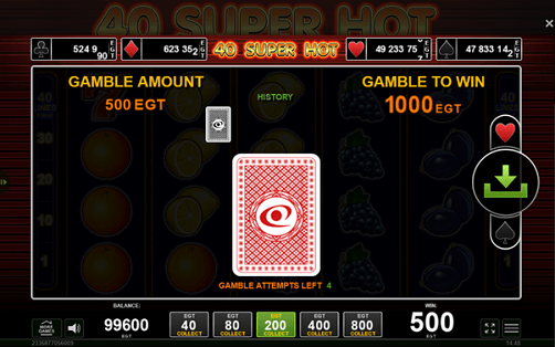 Soms wordt tijdens het spelen van 40 Super Hot de Jackpot Cards bonus game geactiveerd, waar je 12 kaarten omgedraaid krijgt. Dit is een 'click and reveal' functie, waarbij je het juiste paar moet vinden voor een bijbehorende prijs. Deze prijs hangt af van je oorspronkelijke inzet en het specifieke paar dat je omdraait. Schoppen bieden hier de hoogste winsten.