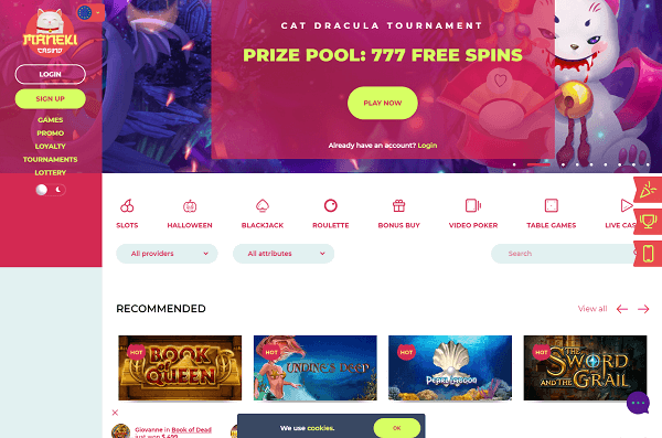 De welkomspagina van het Online Maneki Casino