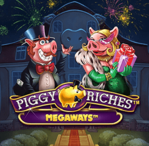 Beoordeling van de online gokkast Piggy Riches Megaways met de bijbehorende logo.