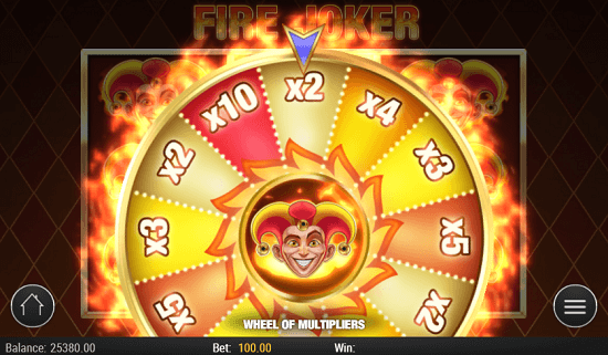 The Wheel of Multipliers remains Fire Joker’s standout bonus. It activates with full-reel matches, including wilds, yielding multipliers between 2x to 10x.