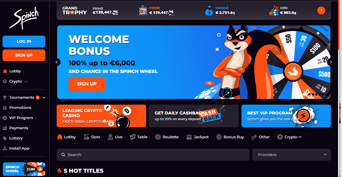 spinch casino homepage nt