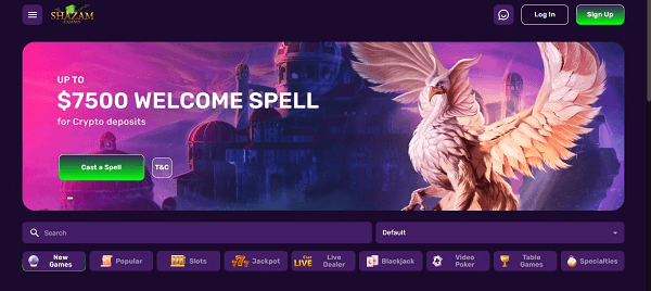 The homepage at Shazam Casino