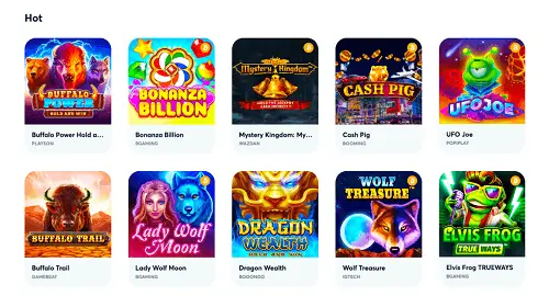 Within the slots category, indulge in the latest and hottest games featured across sections like Bonus Buy, jackpots, Bitcoin games, Megaways, and Drops and Wins. Sought-after options include Aztec Magic Bonanza from BGaming, famous for its cascading mechanics, bonus buy feature, and ante bet. The Elvis Frog in Vegas by BGaming is packed with jackpots, re-spins, and free spins. Explore Sugar Rush by Pragmatic Play, offering cluster mechanics with a potential payout of up to 5,000x.
